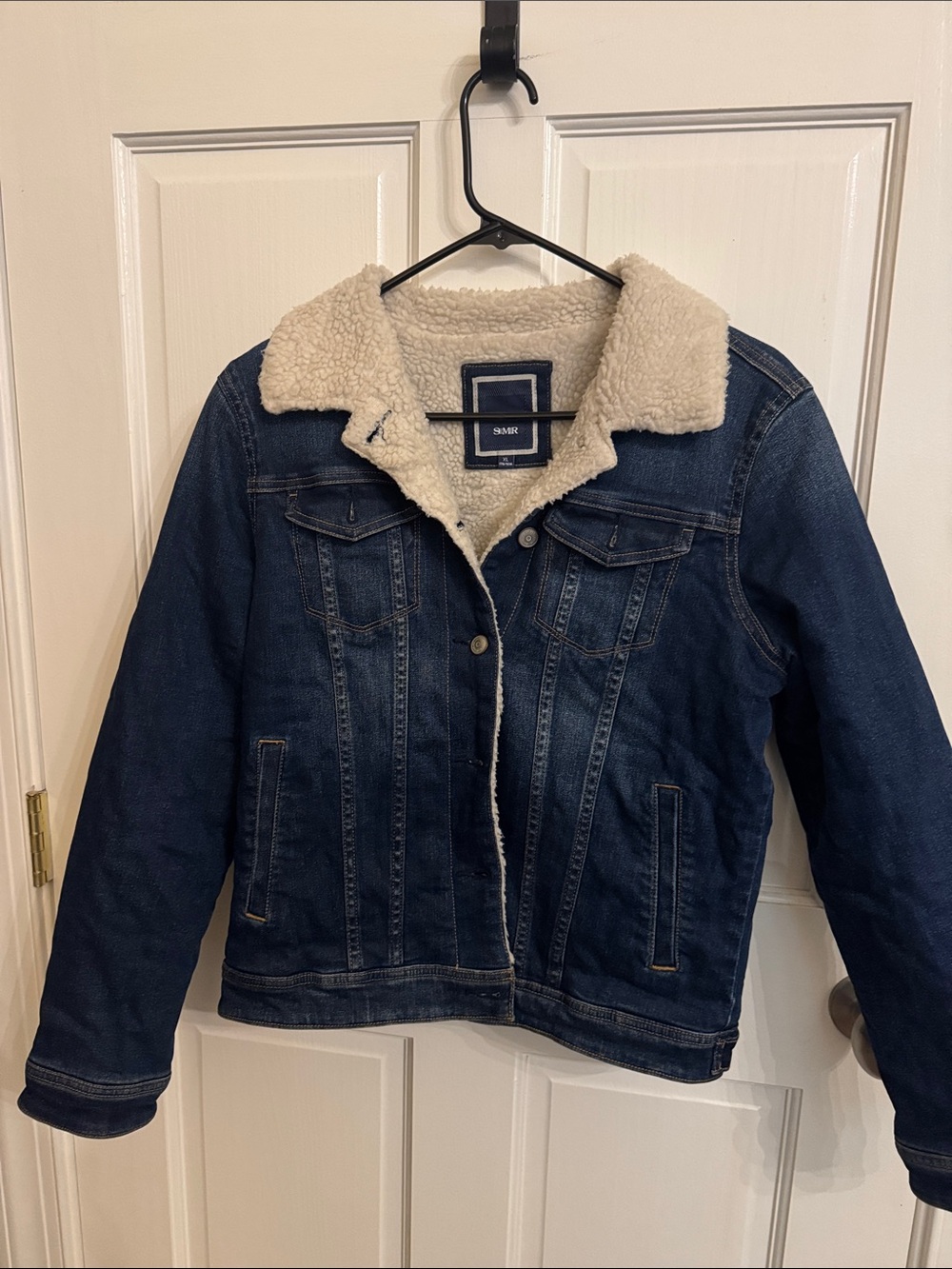 Boys Dark Blue Denim Sherpa Jacket - Cream Lining